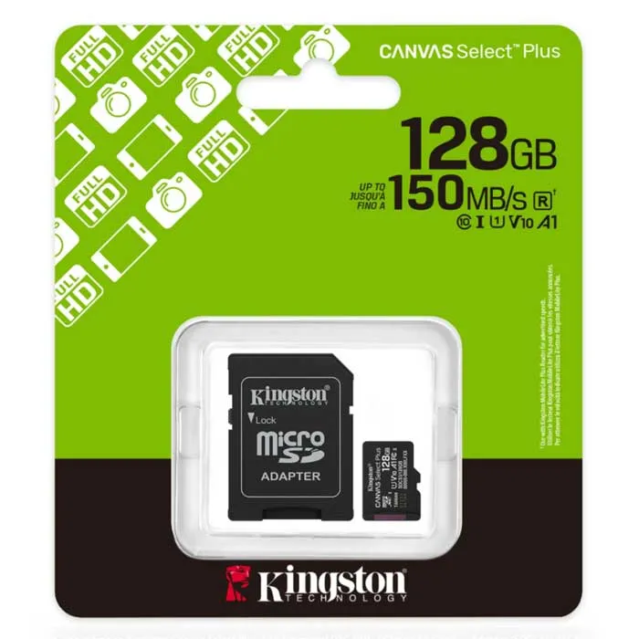 Carte mémoire microSDXC Kingston Canvas Select Plus 128 Go avec adaptateur SD