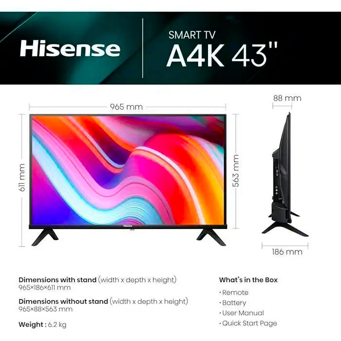 Téléviseur HISENSE 43" smart FHD + récepteur intégré (HIS43A4K)