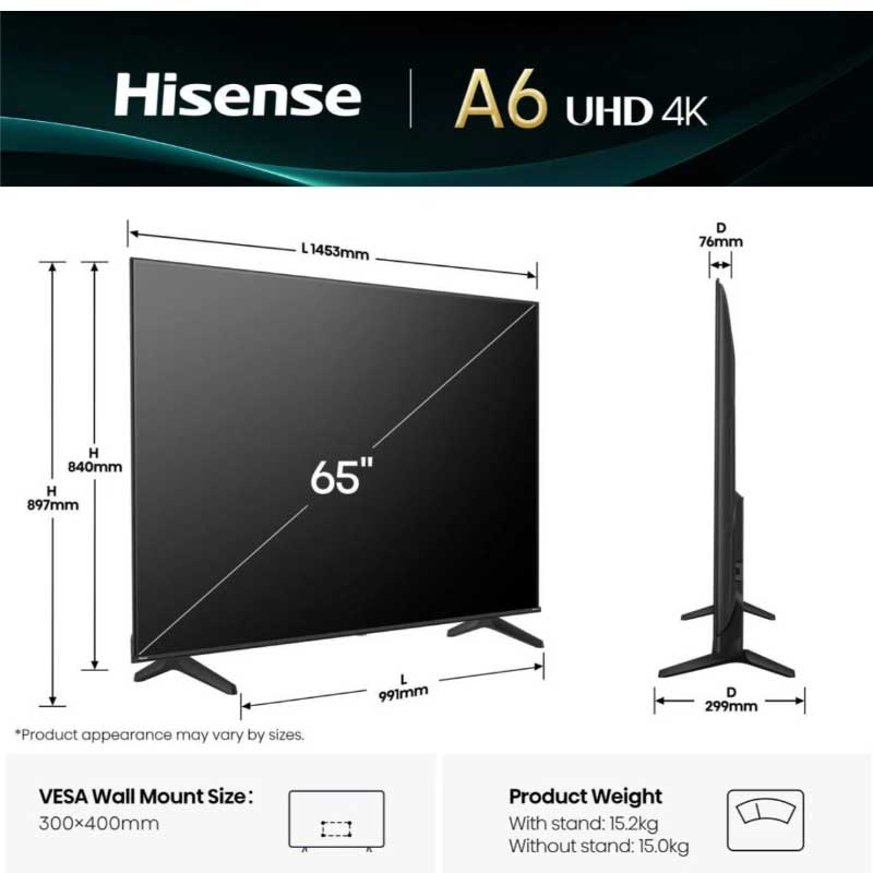 TV Hisense 65A6Q 65 pouces Smart UHD 4K VIDAA avec Dolby Vision et DTS Virtual:X