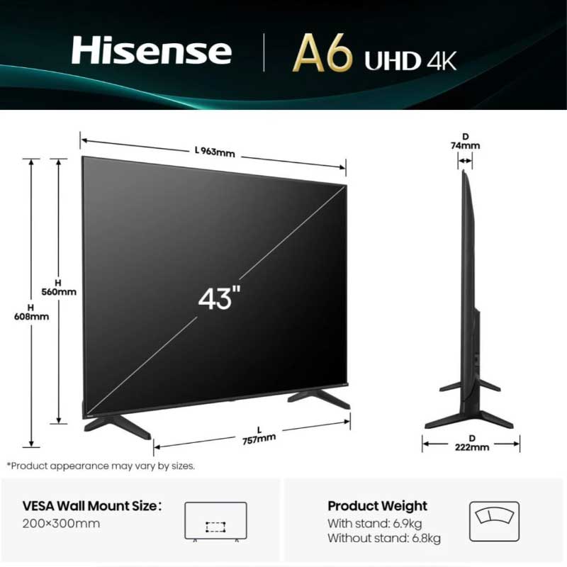 TV Hisense 43A6Q 43 pouces Smart UHD 4K VIDAA avec Dolby Vision et DTS Virtual:X