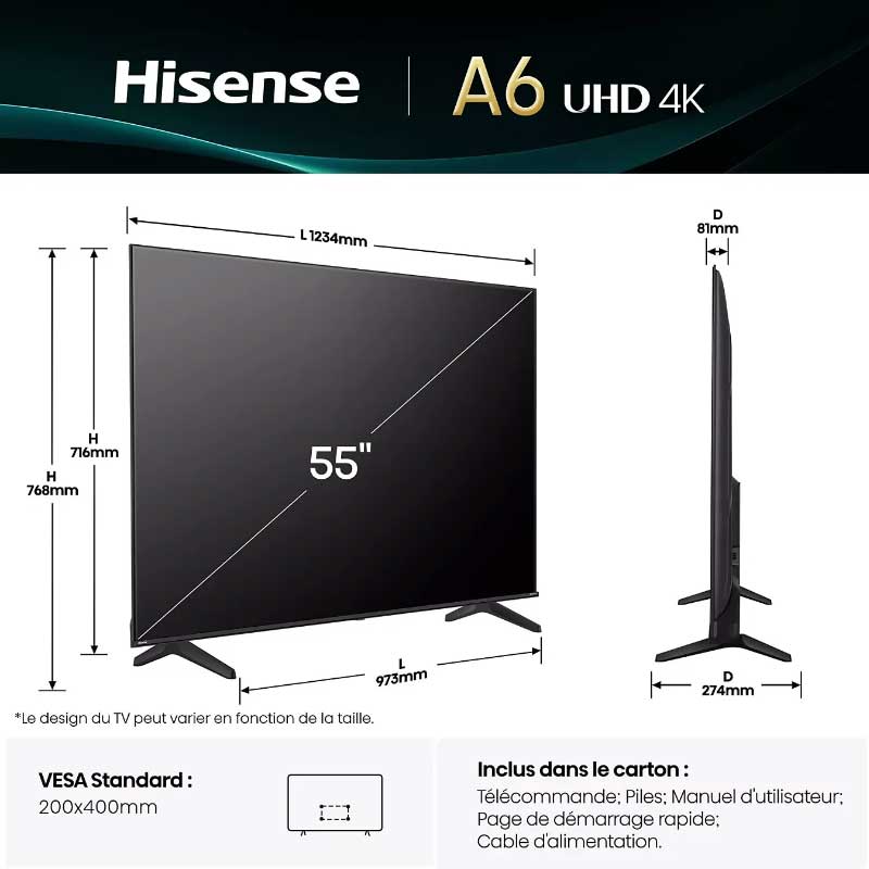 TV Hisense 55A6Q 55 pouces Smart UHD 4K VIDAA avec Dolby Vision et DTS Virtual:X