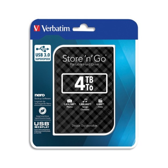 Disque dur externe 4To Verbatim Store 'n' Go 5400 RPM, USB 3.0