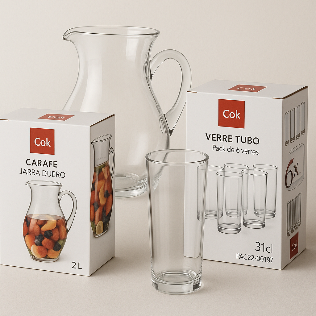 Pack carafe en verre 2L + 6 verres TUBO 31 cl