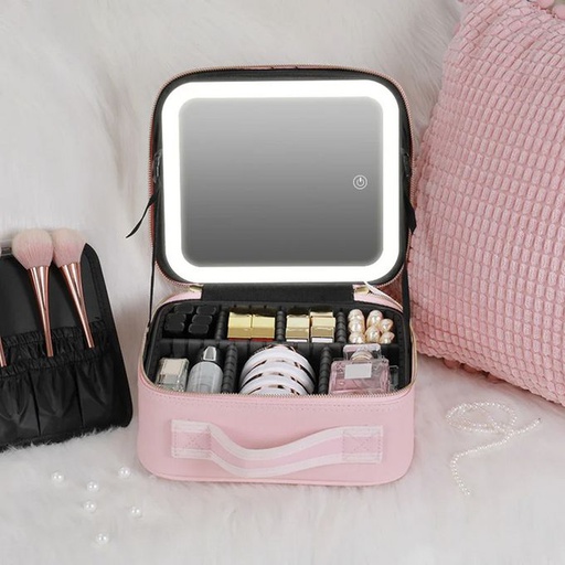 Trousse de maquillage miroir LED, poignées, à partition amovible