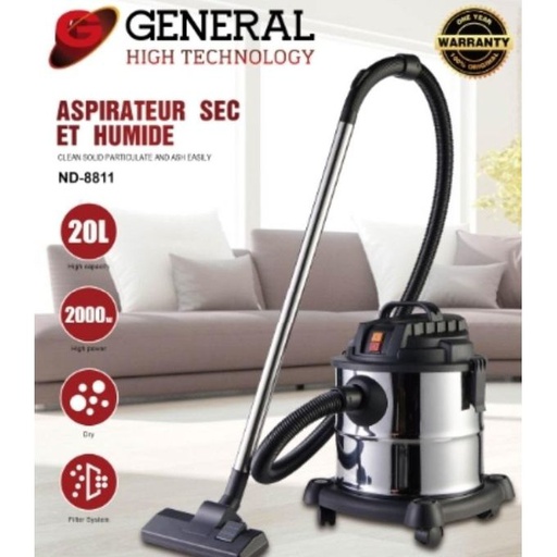 [ND-8811] General Aspirateur eau et poussière 20 litres 2000W à roues